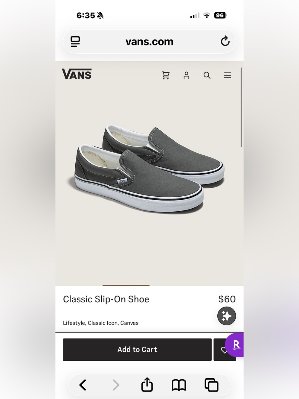 Vans Slip-On Canvas Shoe in light Gray with White Sole